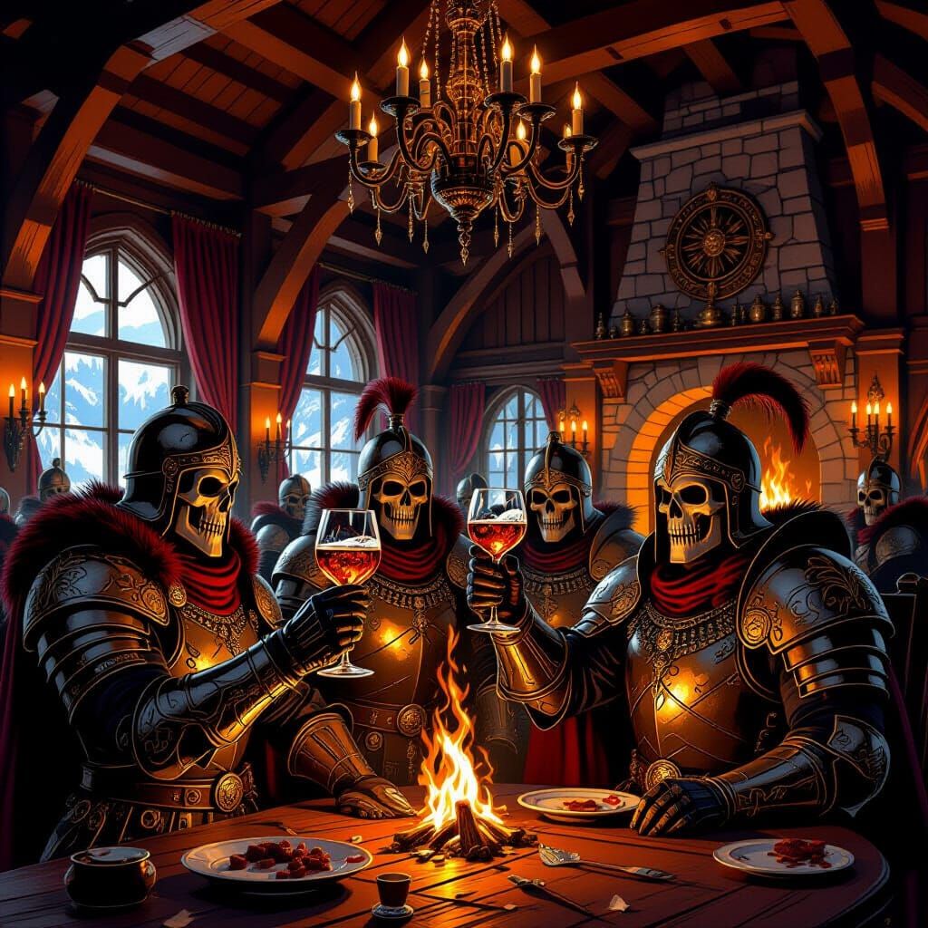 Skeleton Warriors Toasting Cognac in Opulent Ski Lodge