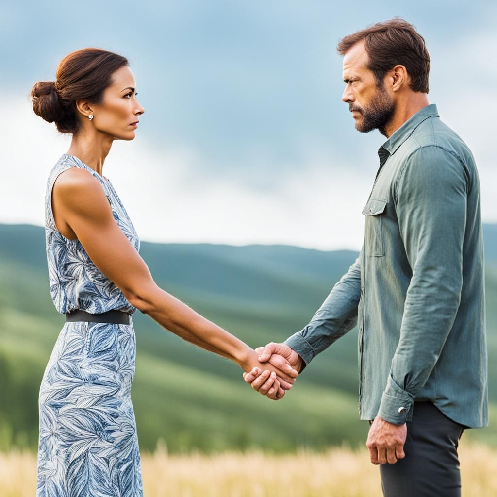 scenic landscape background, a woman in a confrontational stance standing face-to-face with a composed-looking man, hold...