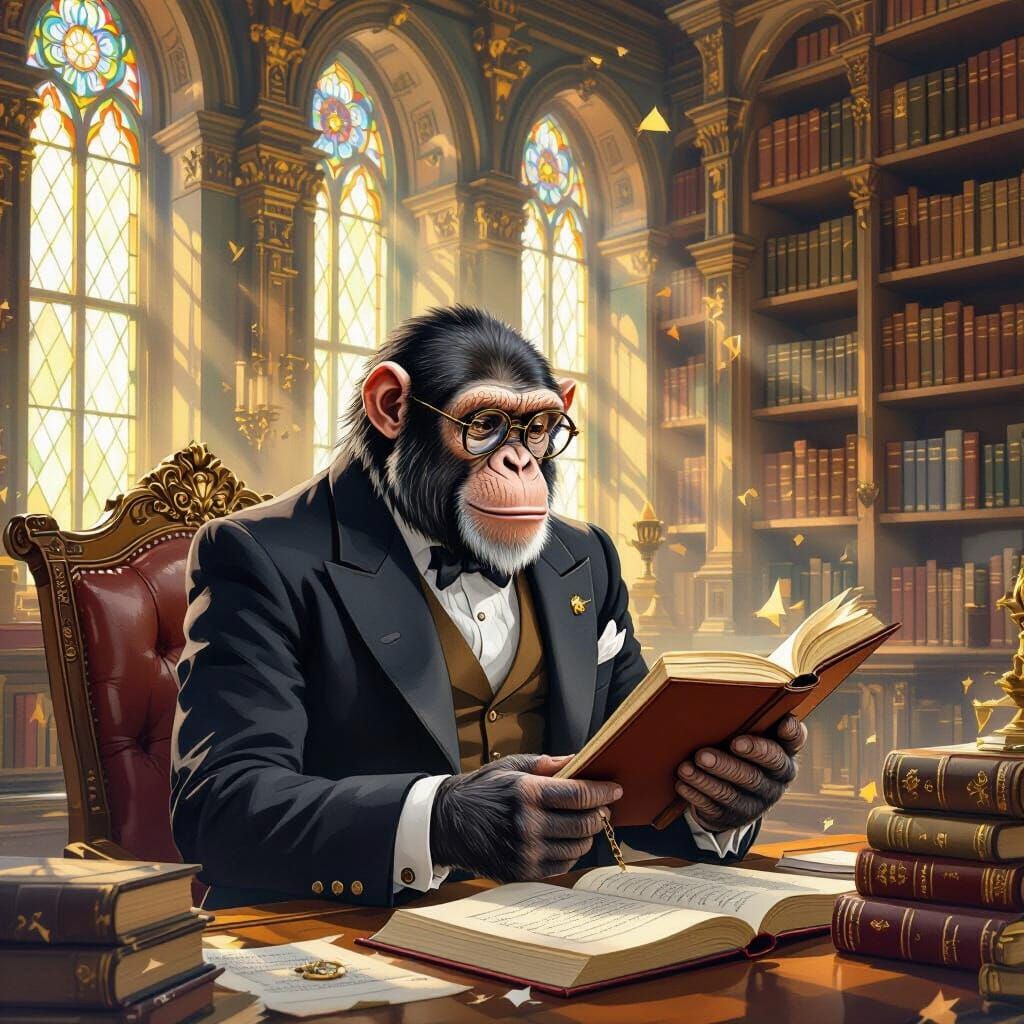 Chimpanzee Book Cataloger in Whimsical Watercolor Style