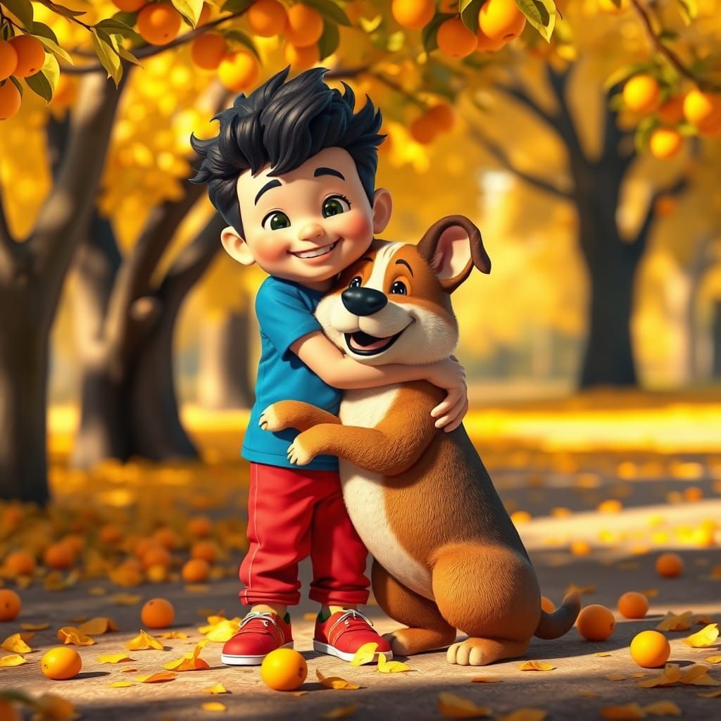 Child and Dog Embrace in Autumn Park