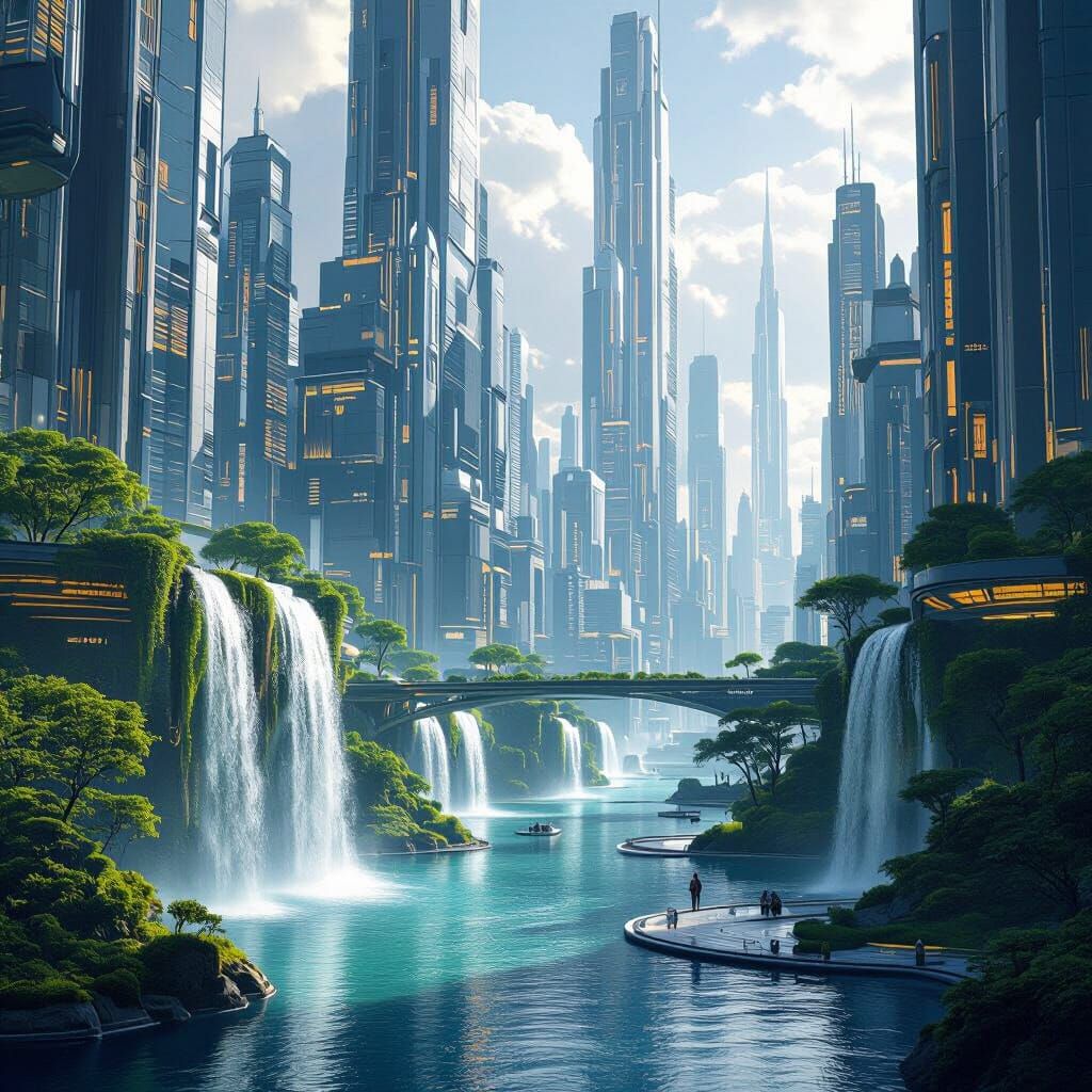 Futuristic City with Waterfalls and Green Spaces