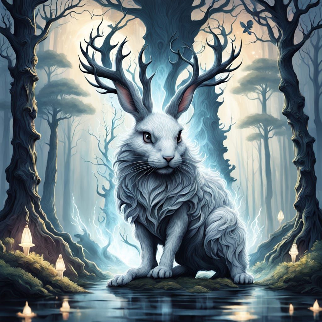 Majestic White Rabbit with Antlers in Enchanted Forest