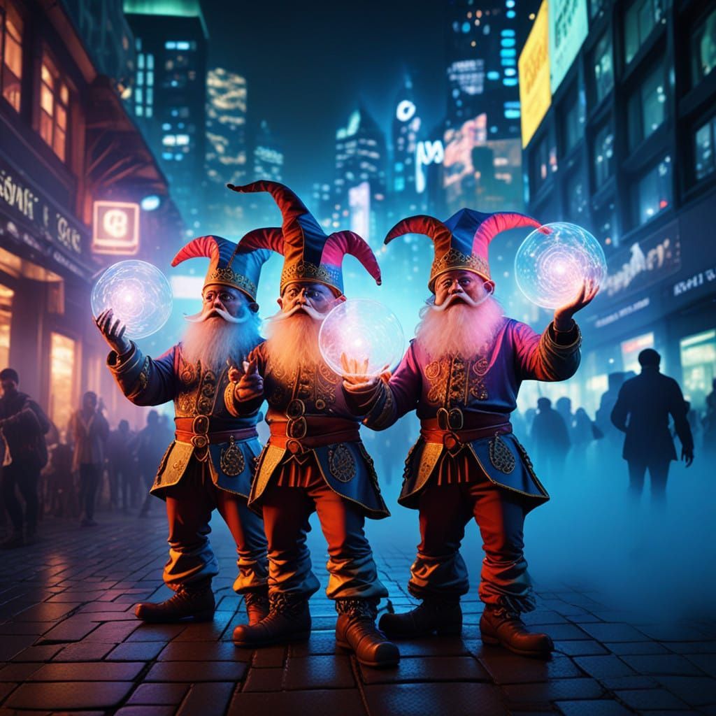 Gnomes in Neon Commedia dell'Arte Attire Pose Amidst Futuris...