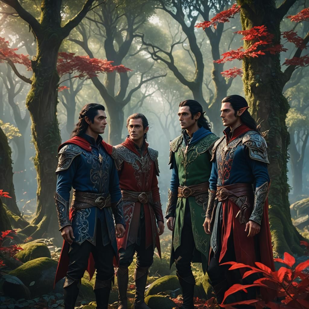 A male elf, with very long black hair, blue eyes, wearing re...