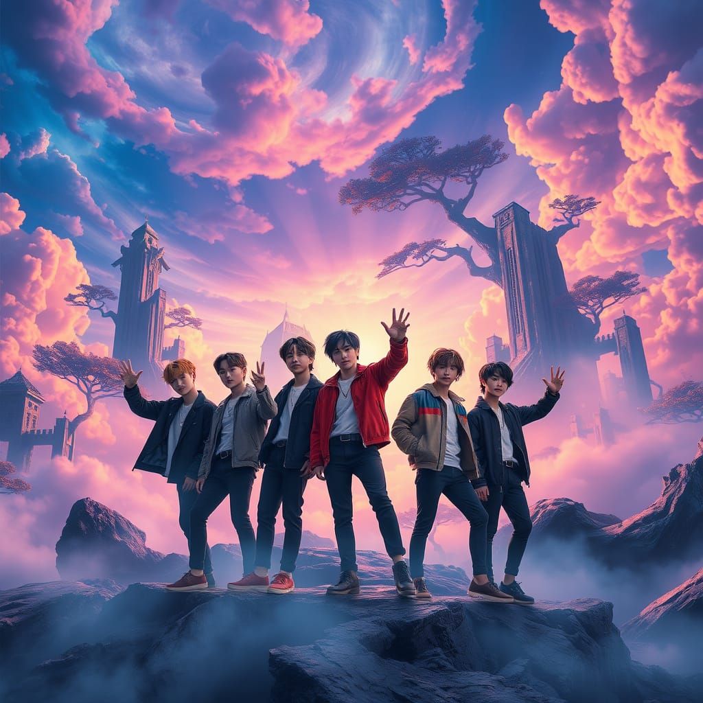 Heroic K-Pop Boy Band Stray Kids in Vibrant Dreamlike Landsc...