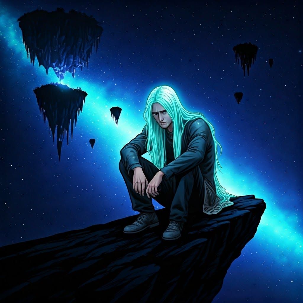 Sad Man with Blue Hair on Cliff, Comic Book Art