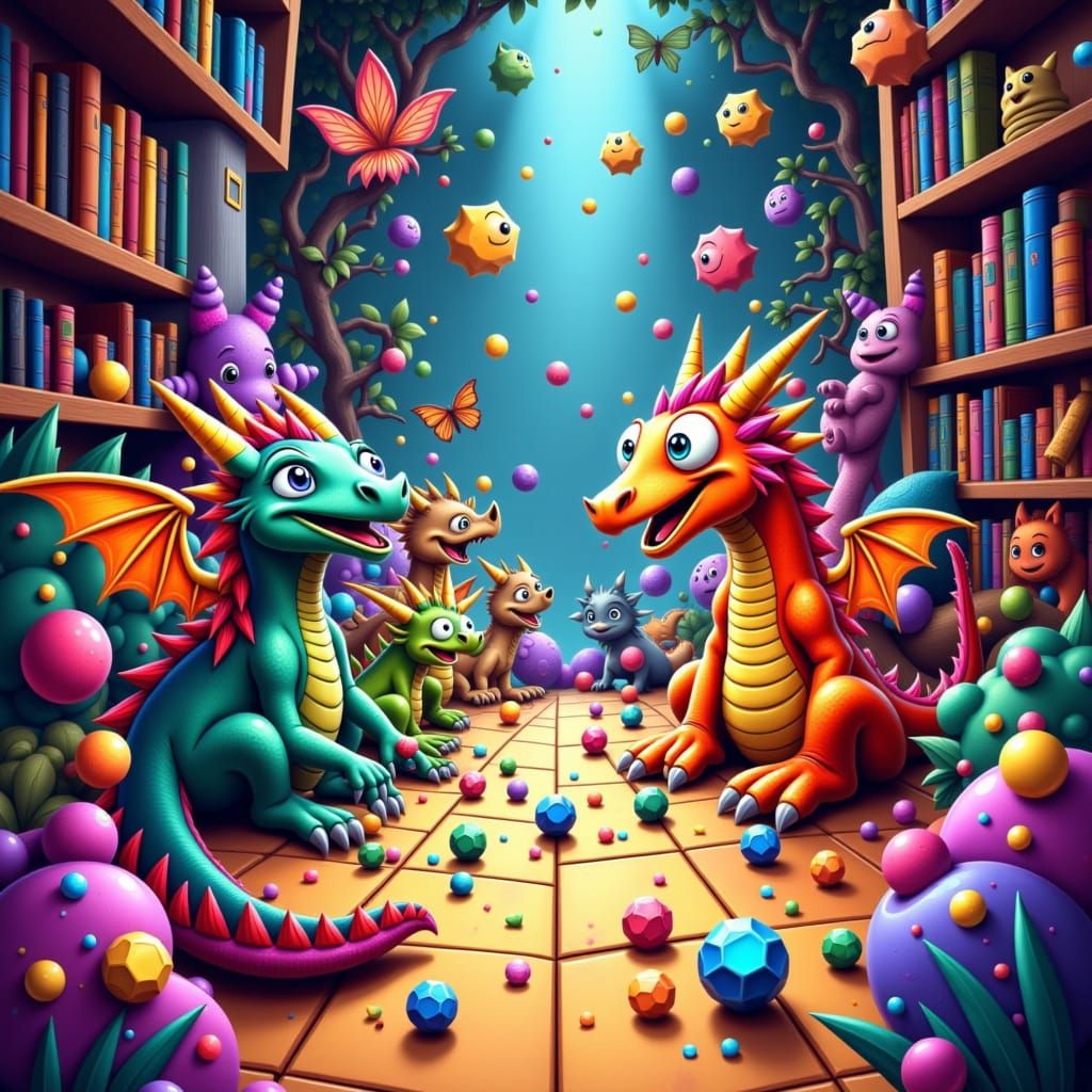 Whimsical Dragons' Dice Rolling Event in a Vibrant Encaustic...