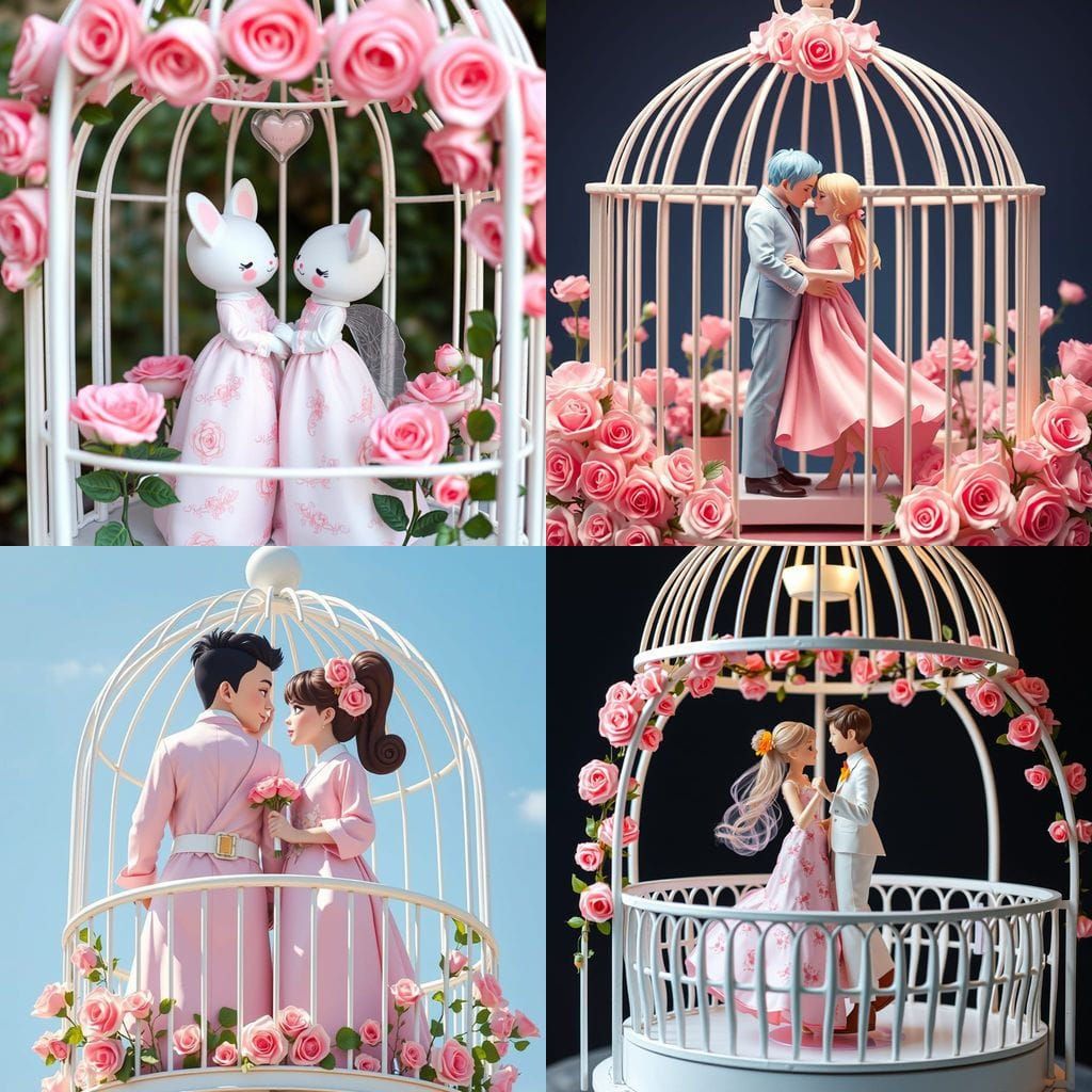 Kawaii Couple Swinging in Rose-Adorned Cage