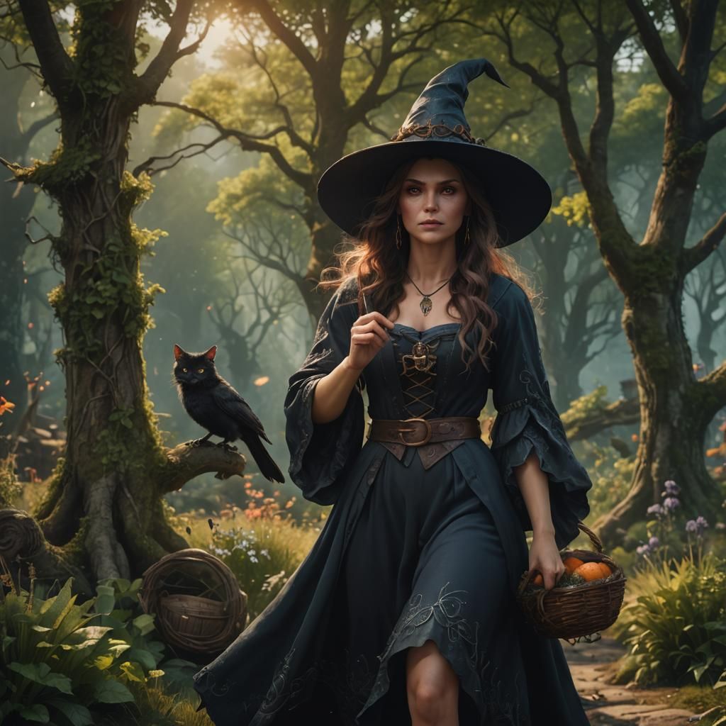 Enchanting Witch in Summer, Detailed Fantasy Art