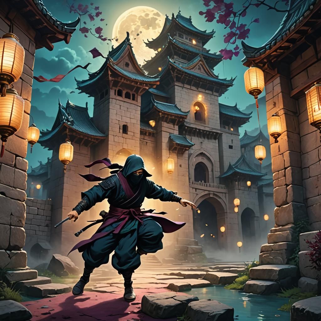 Ninja in Castle: Matte Painting in Okazaki Style