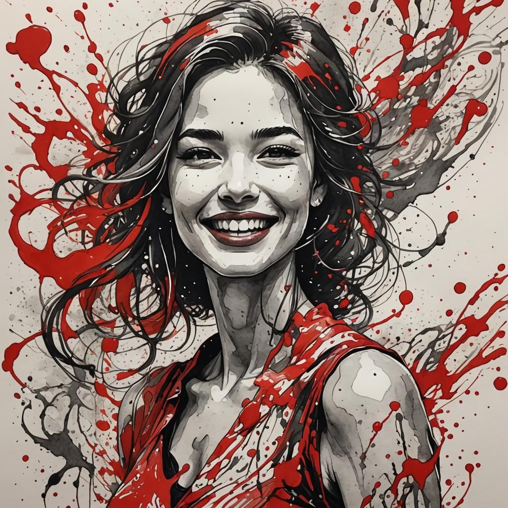 Happy Woman in Detailed Ink Sketch with Red Splash
