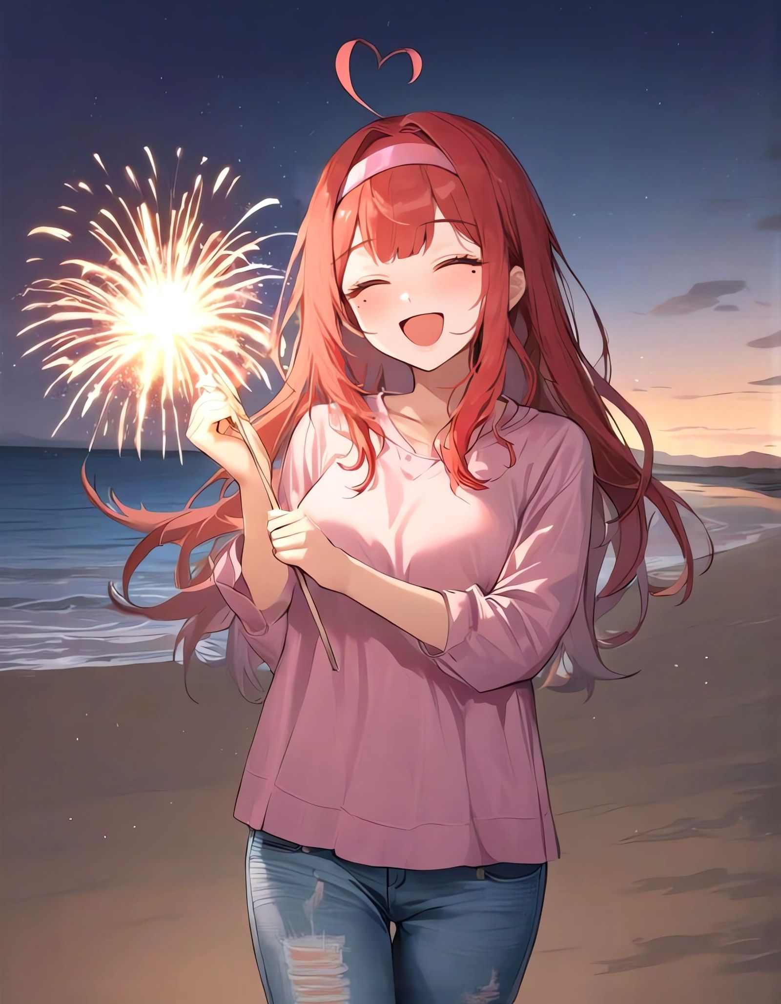 Girl with Fireworks on Beach at Night