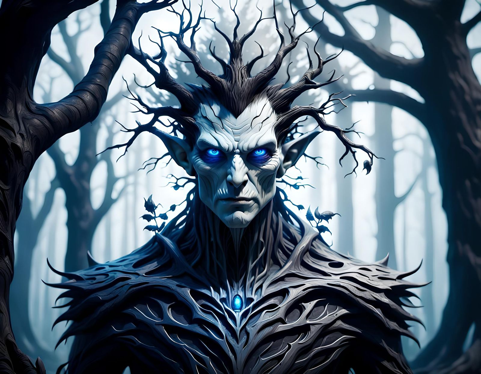 Eerie Tree Spirit with White Eyes in Fantasy Horror