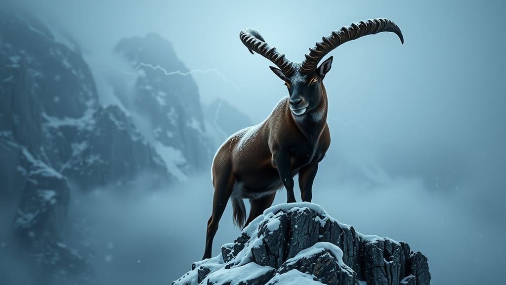Colossal Ibex in Swiss Alps Snowstorm