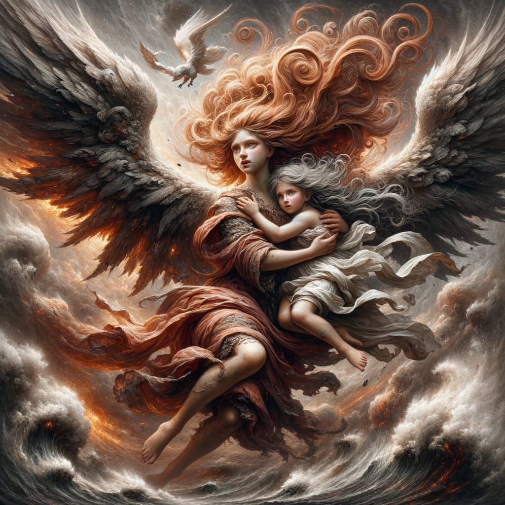 Angel in Tempestuous Gale Protecting Child