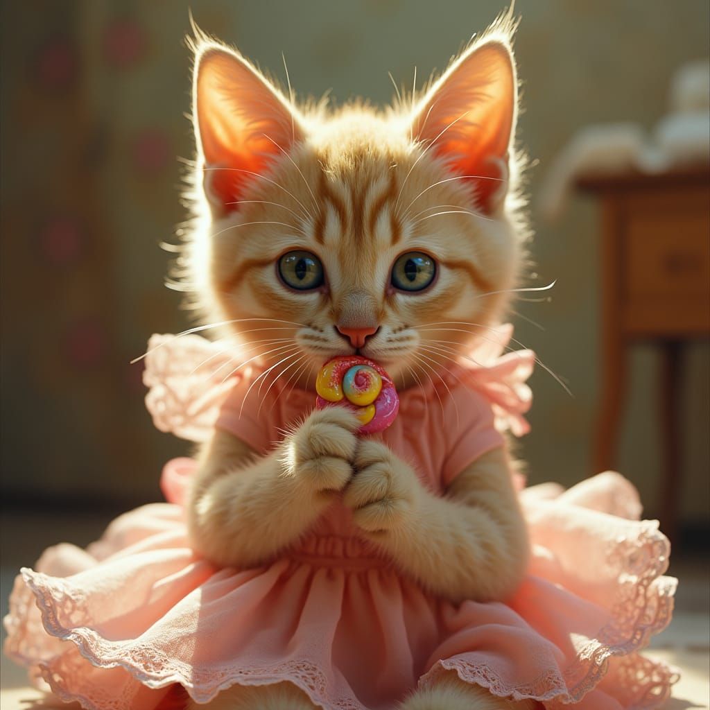 Cat in a dress licks a lollipop