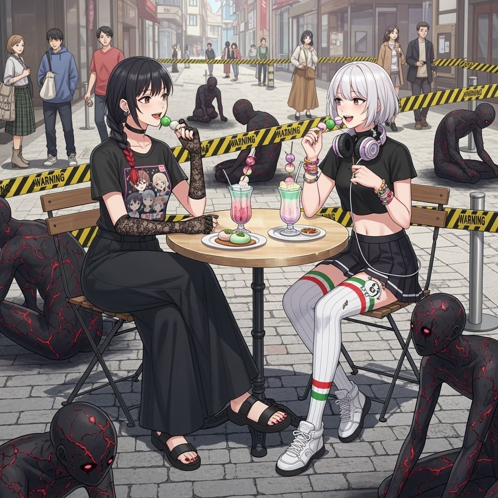 Anime Fangirls at Cafe with Ominous Figures