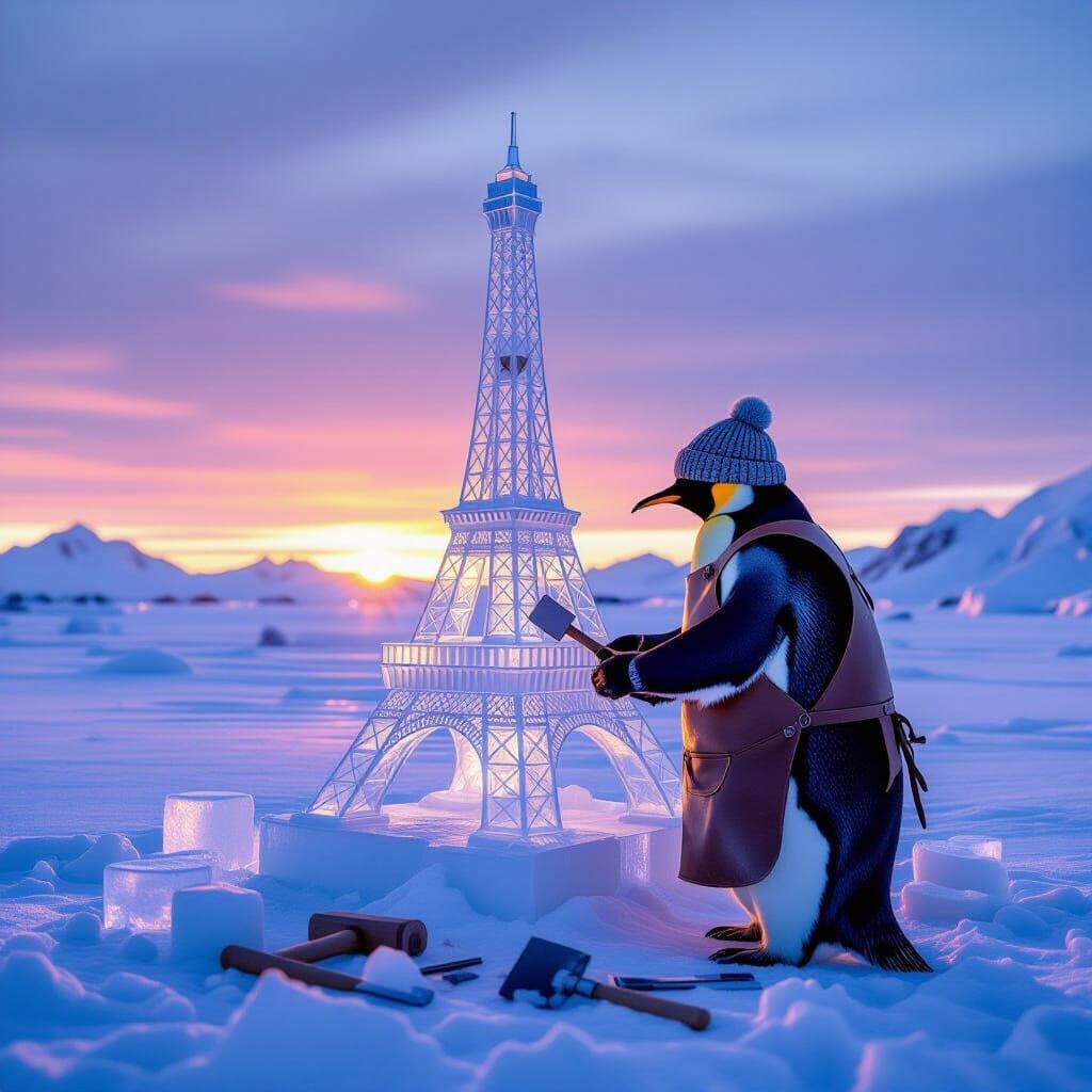 Penguin Sculptor Creates Ice Eiffel Tower at Twilight