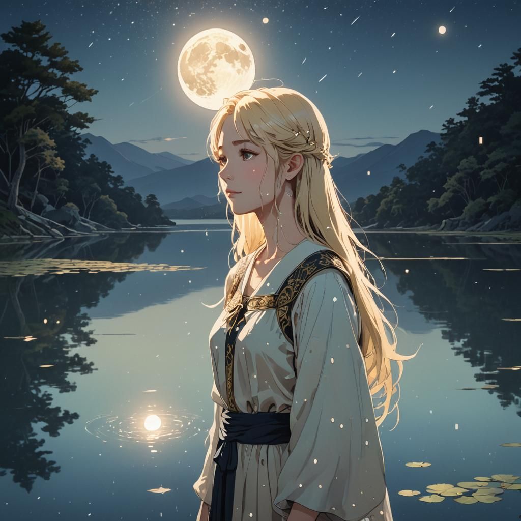 Anime Tarot Card Character Reflecting Under Moon