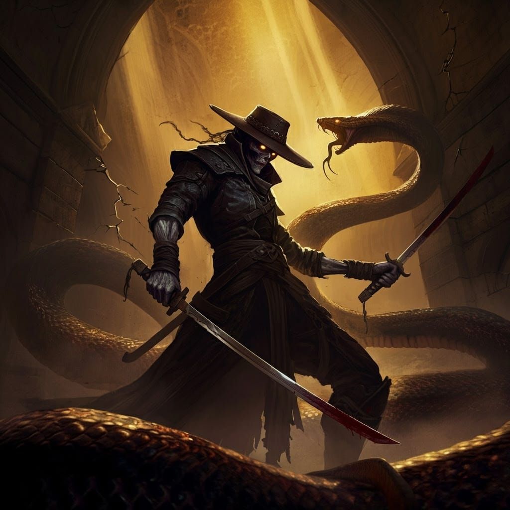 Dark Fantasy Hero Battles Serpent in Ancient Crypt