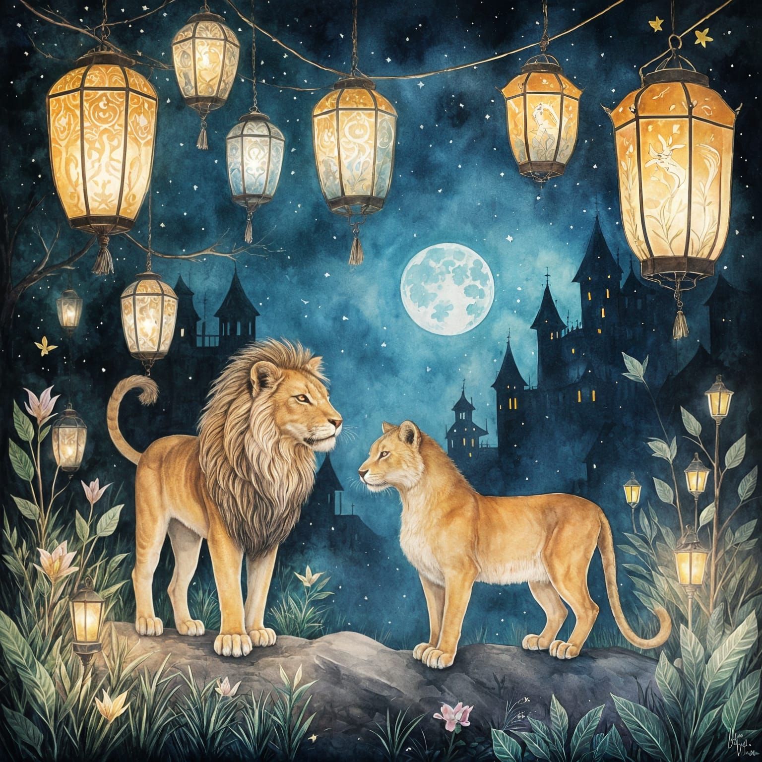 Fairytale Lion and Puma in Watercolor