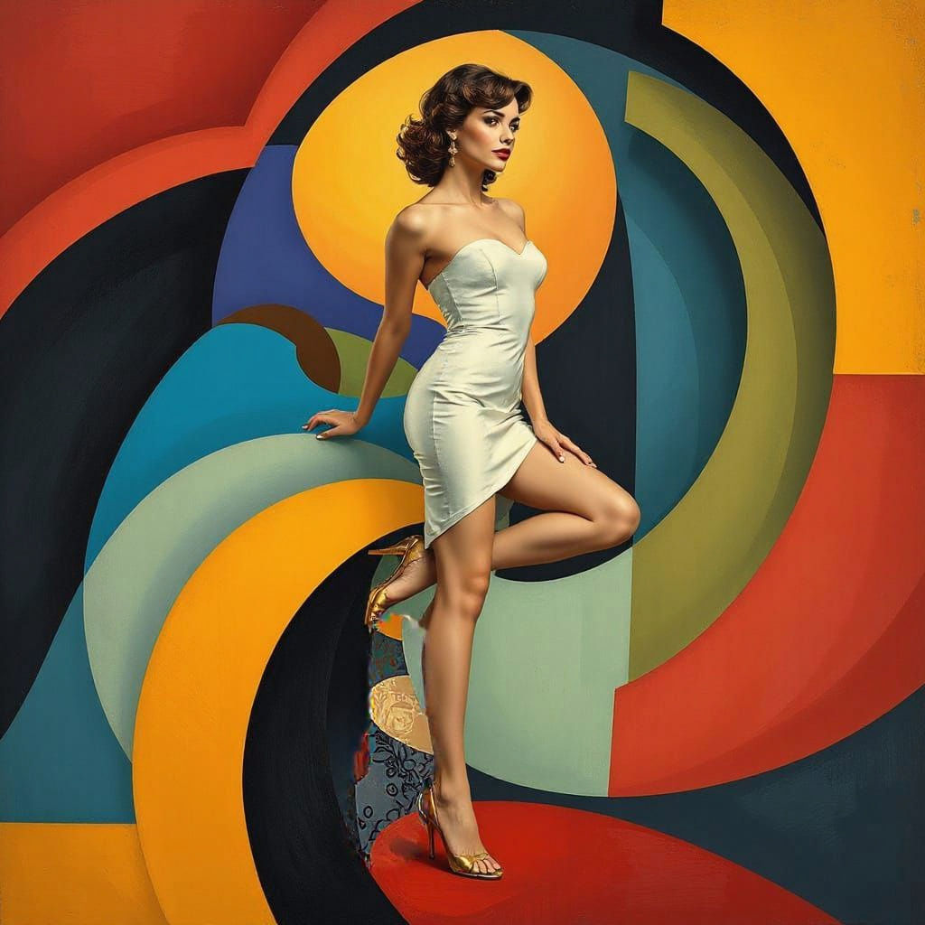 Elegant Woman in Vibrant Cubist Dreamscape with Art Deco Inf...