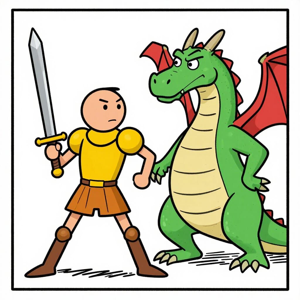 Stickman Knight Battles Bewildered Dragon in Comic Style
