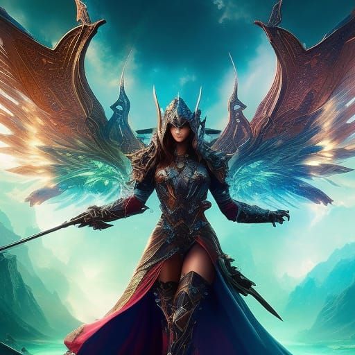 Winged Knight with Magical Weapon and Dragon