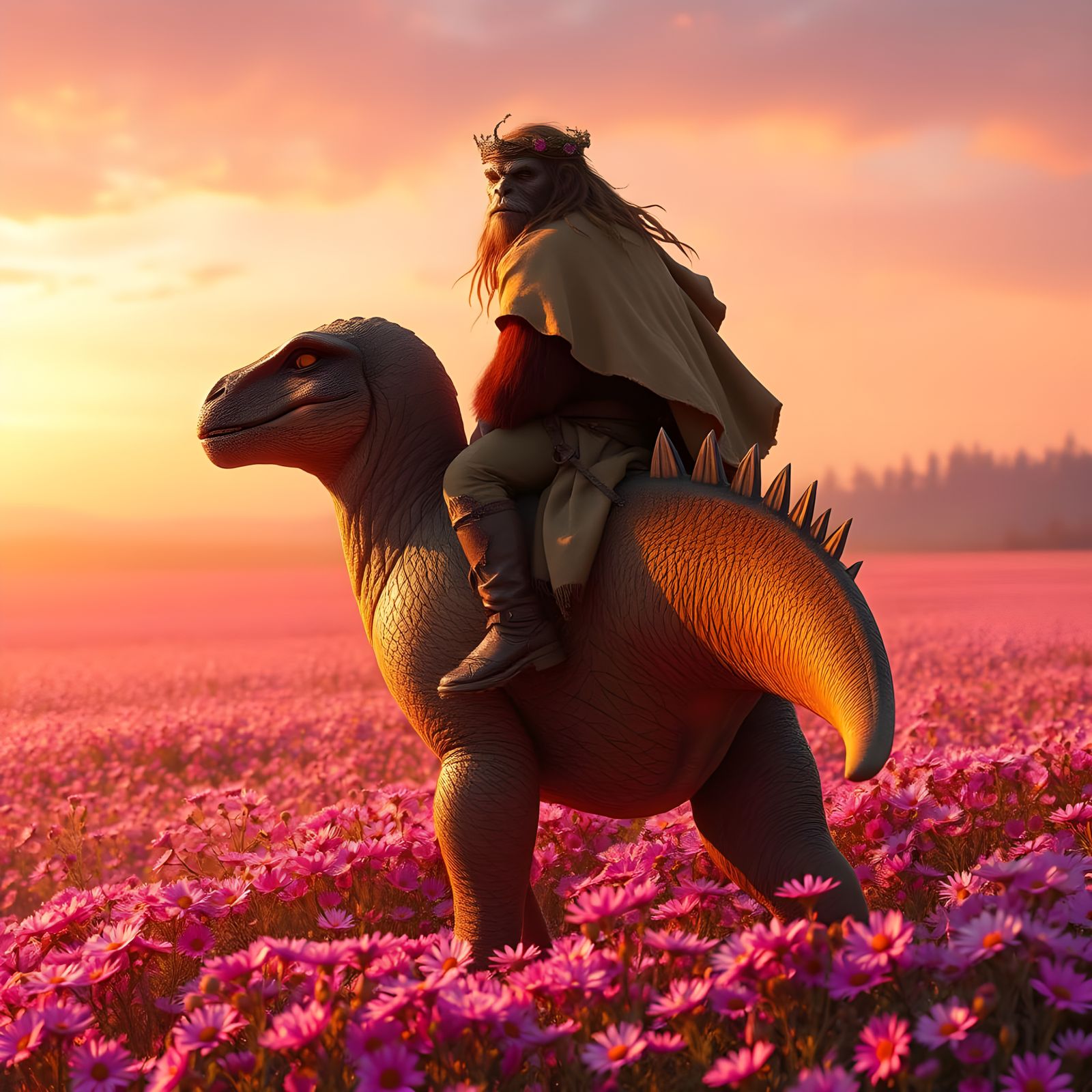 Fantastical Sasquatch and Dinosaur Scene in Cherry Blossom W...