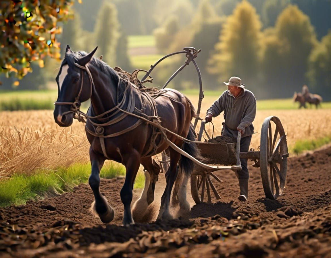 Medieval Farmer Ploughing Field with Horse, Hyperreal Photo