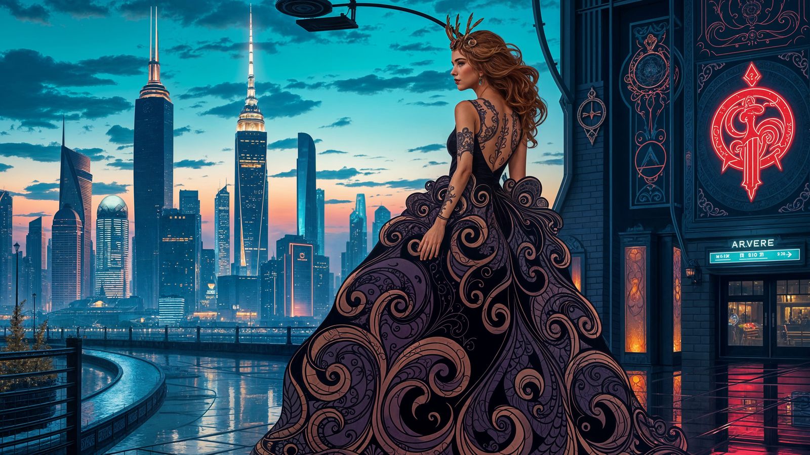 Art Nouveau Futuristic City at Twilight