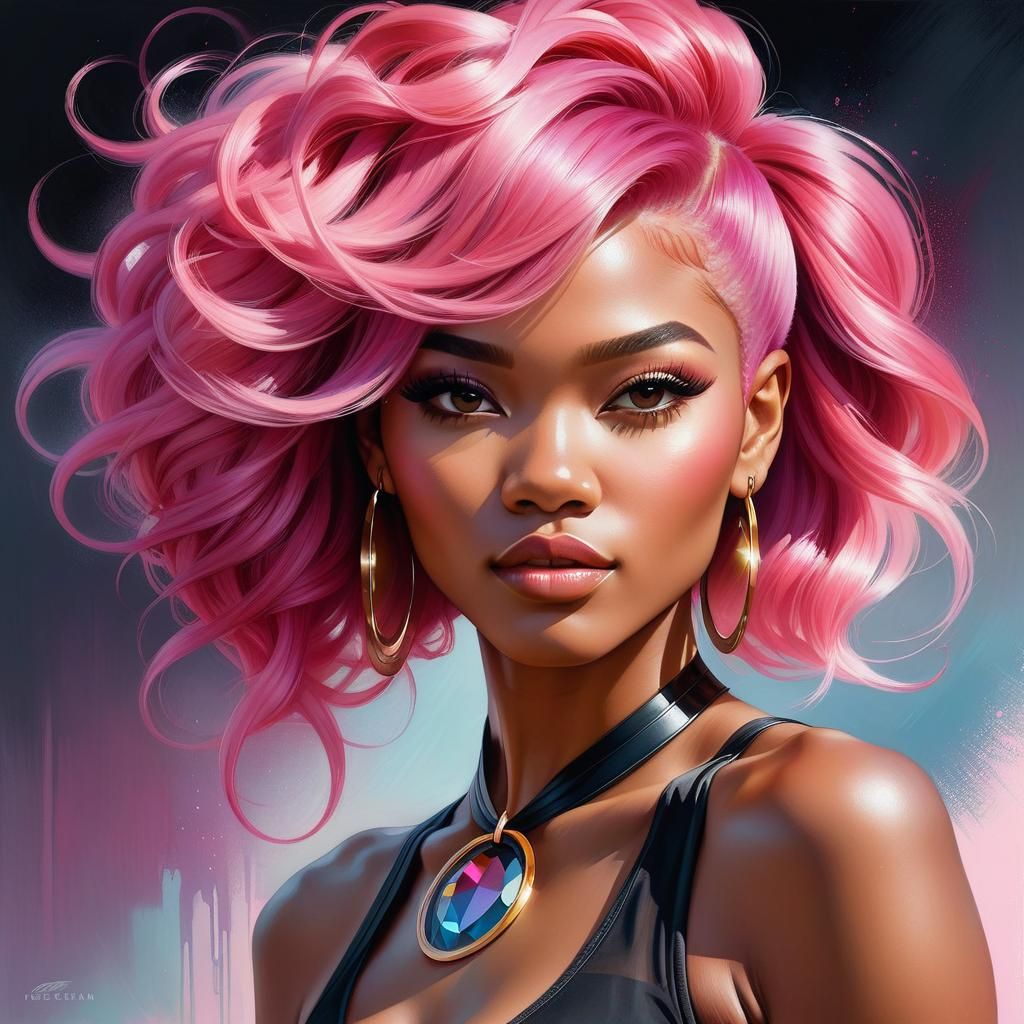 Pink-Haired Woman: Detailed Watercolor Portrait