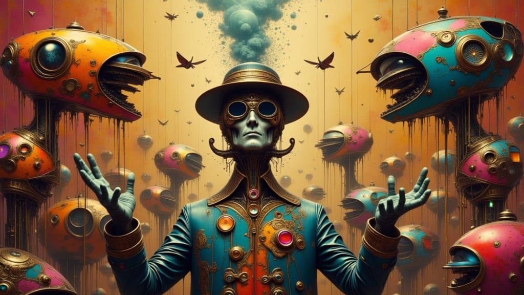 Mad Magician Hypnotizing Robots in Futuristic Style