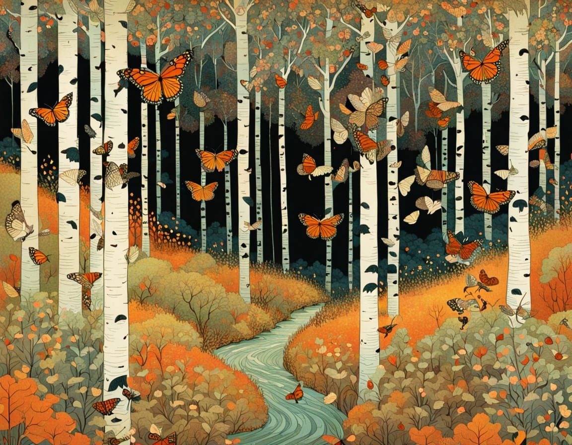 Autumn Butterflies Dance in Enchanted Birch Forest