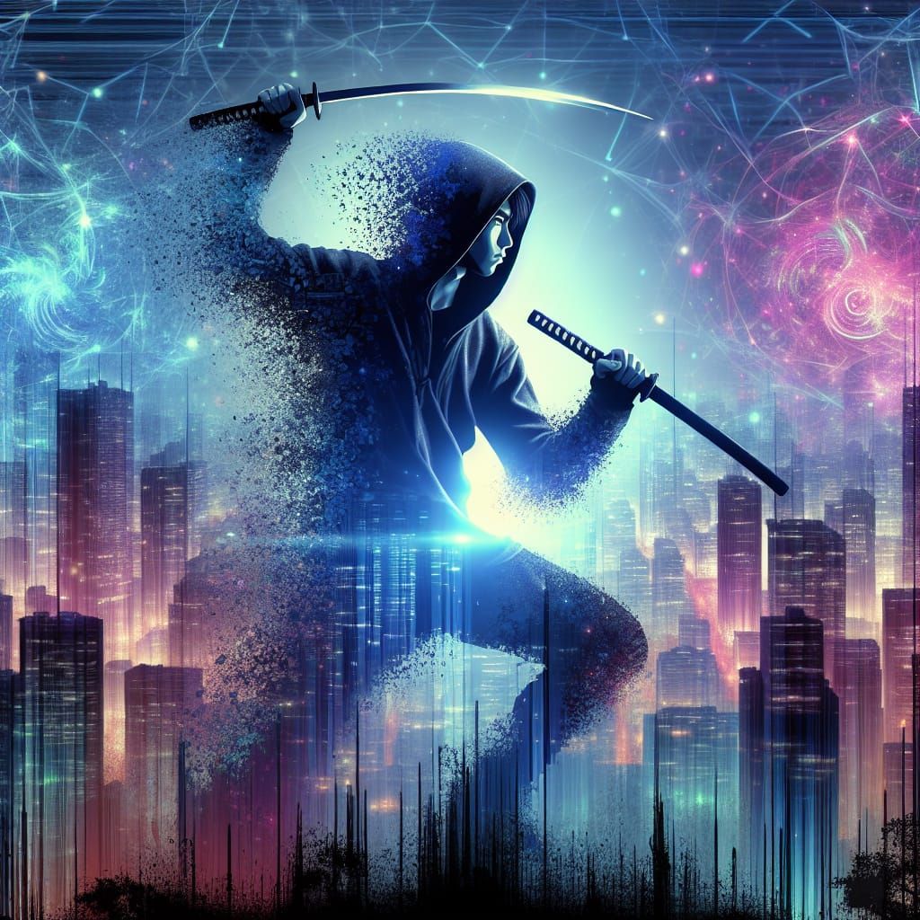 Neon City Assassin Dancing with Katana in Silhouette