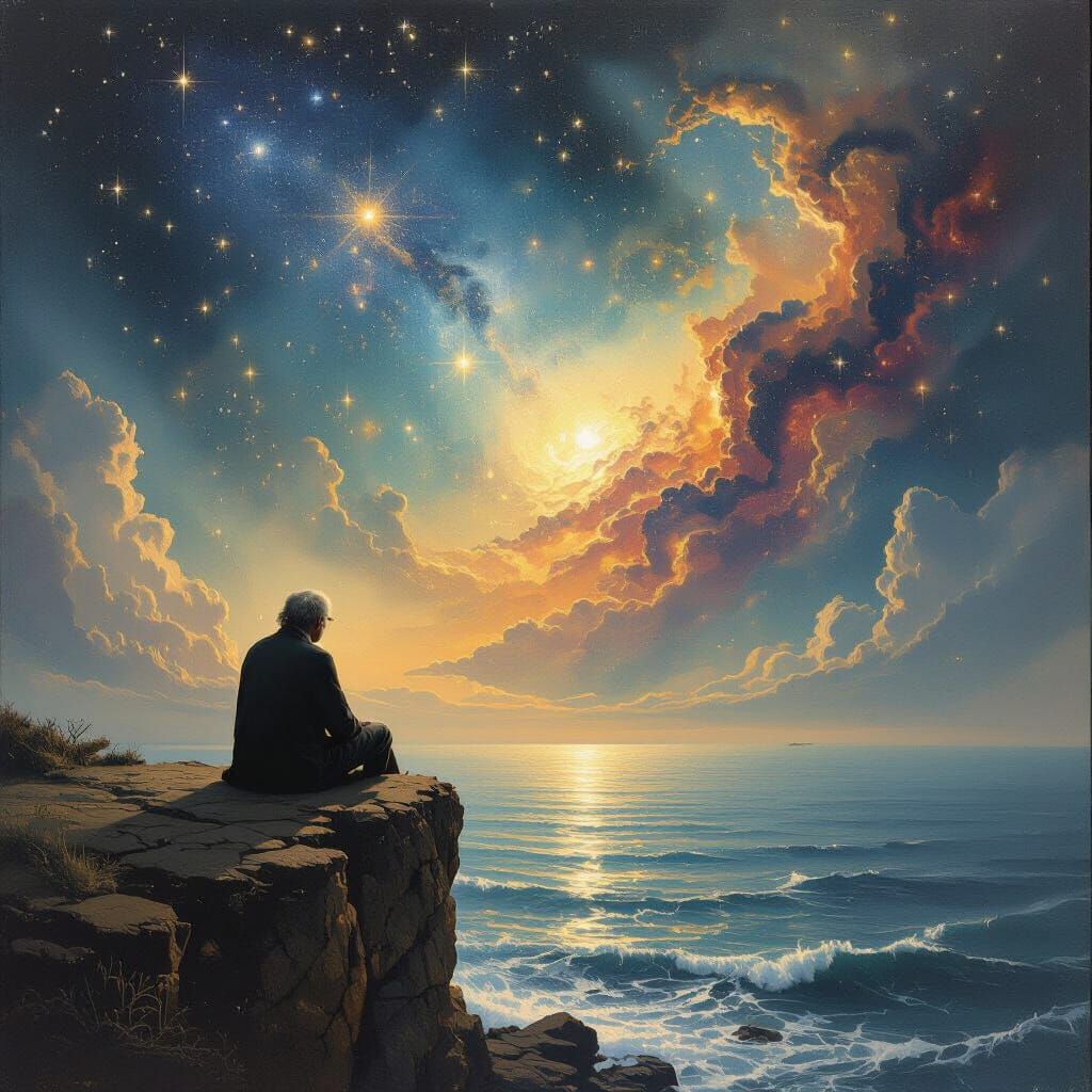 Man Contemplates Nebula From Cliff Edge in Surreal Style