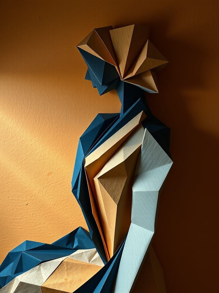 Geometric Female Figure in Ochre and Indigo Origami Folds
