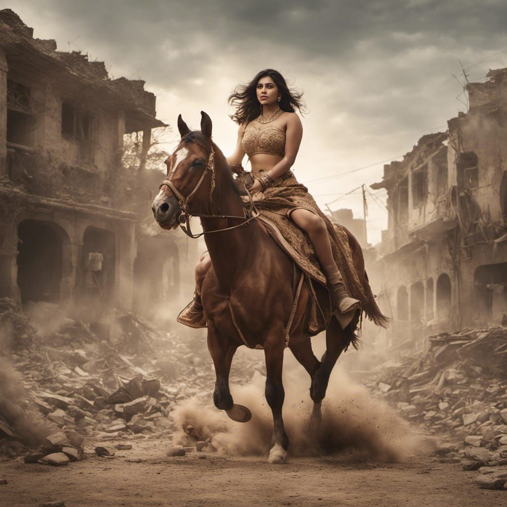 Indian Woman on Horseback in War-Torn Setting
