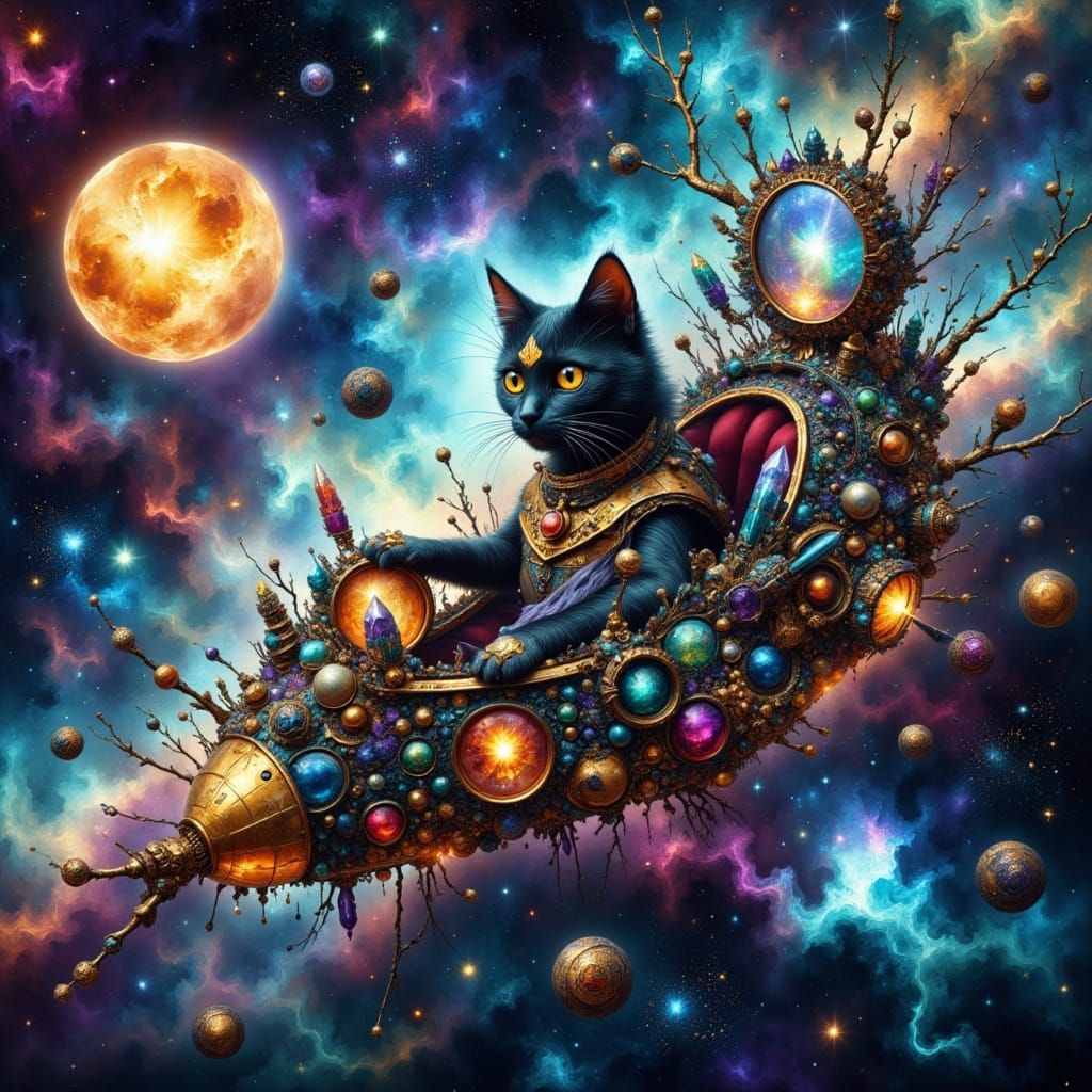 Cosmic Feline Odyssey in Vibrant Fairy Punk Style