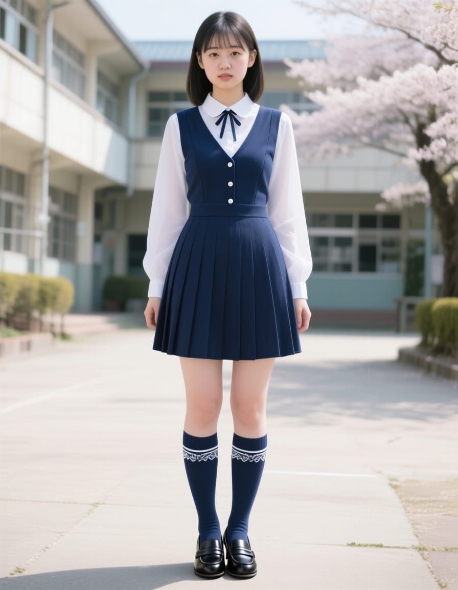 Schoolgirl in Stylish Navy Uniform with Unique Blouse