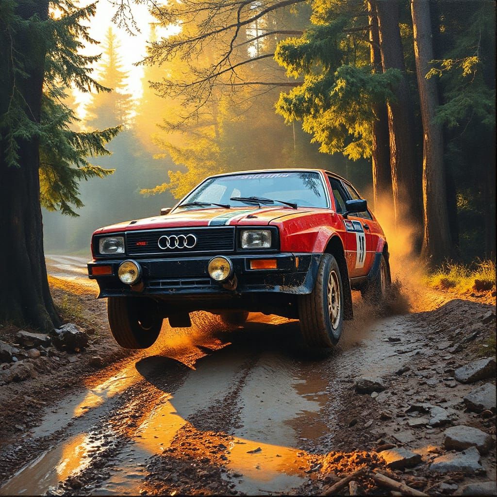 Dynamic Audi Ur-Quattro Takes Flight in Muddy Rally