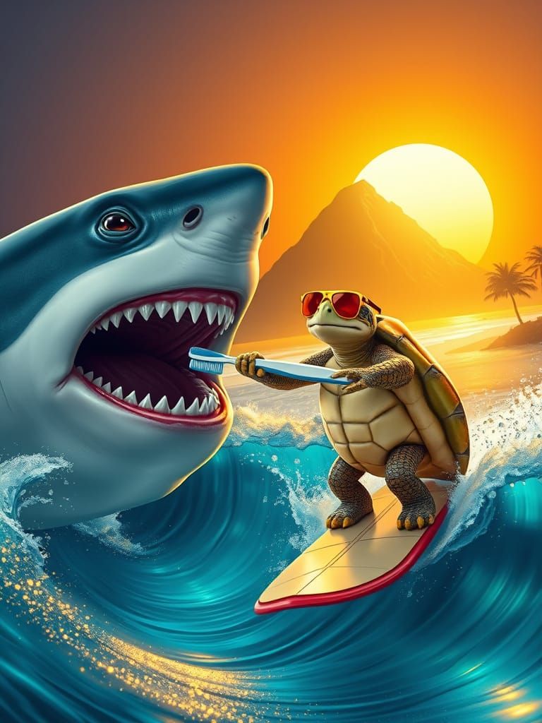 Epic Shark Dental Care with Surfing Turtle