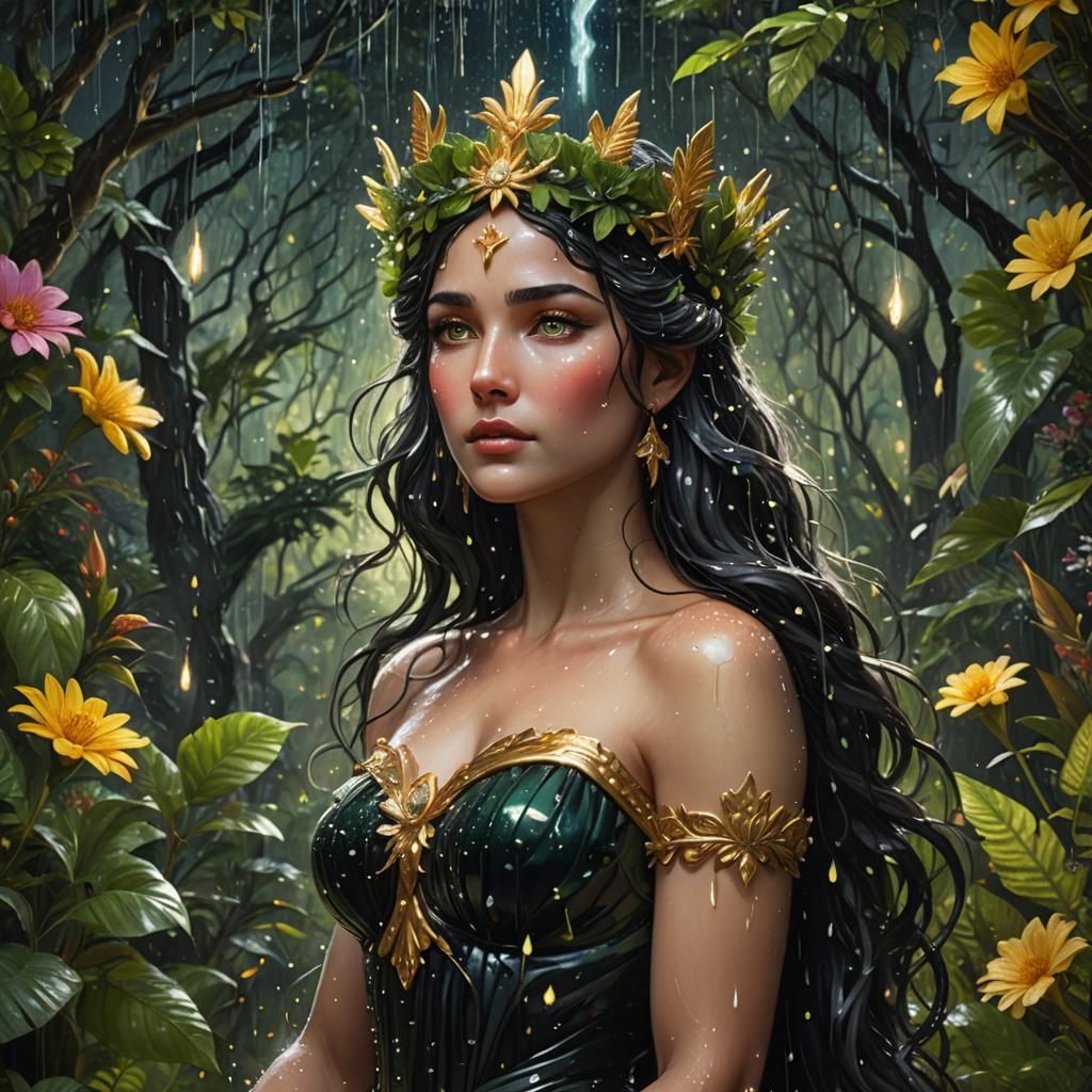 Aphrodite in Starry Rainforest: Digital Art