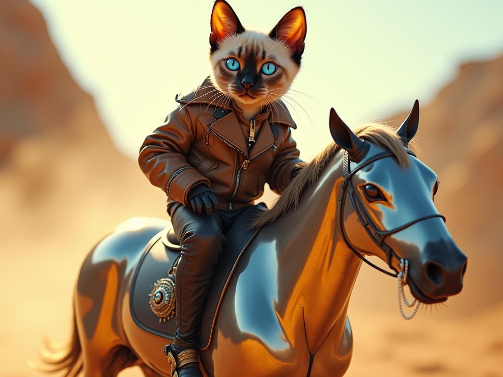 Siamese Cat Rides Chrome Horse in Futuristic Style