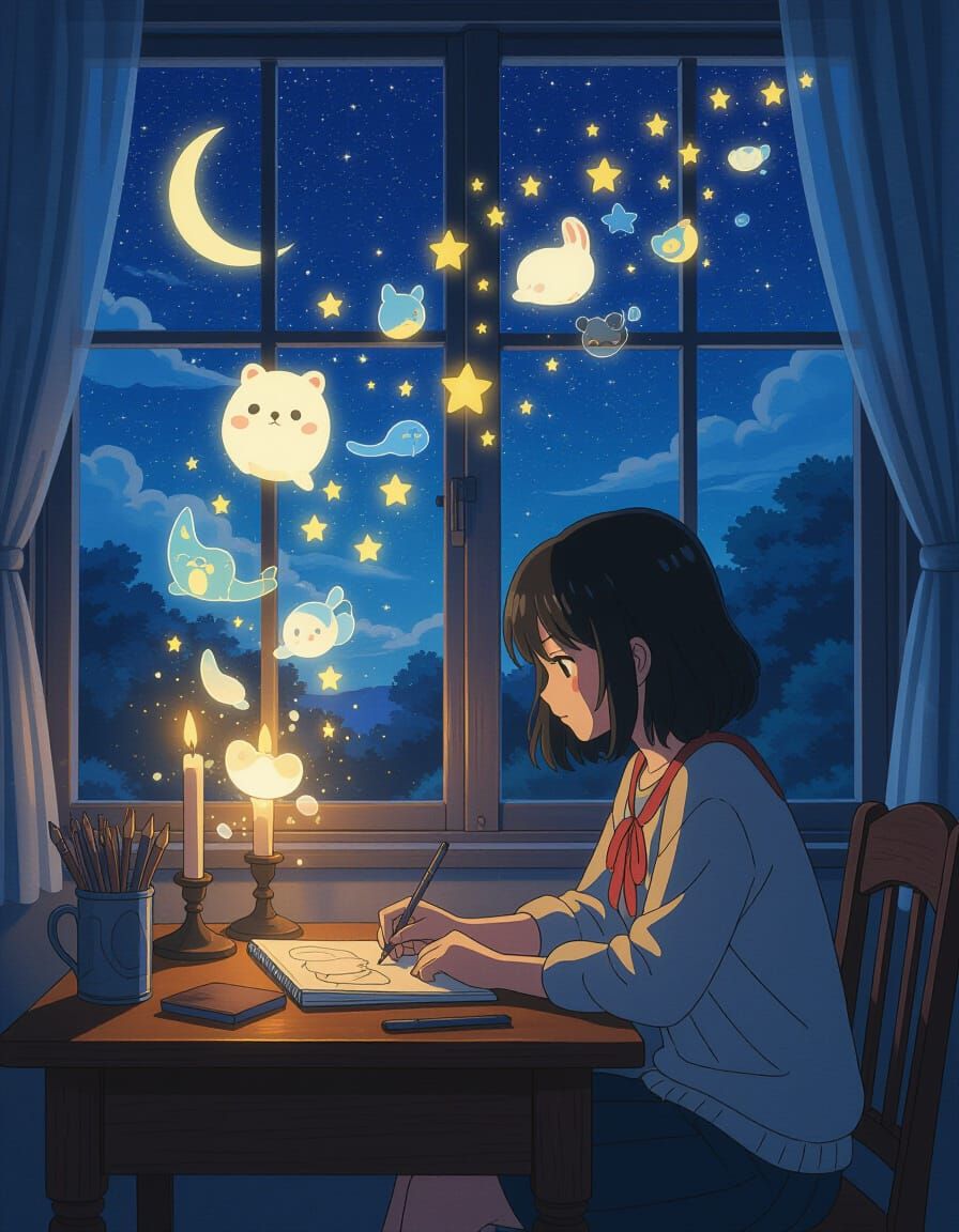 Dreamy Anime Night Scene: Artist Sketching Magical Worlds