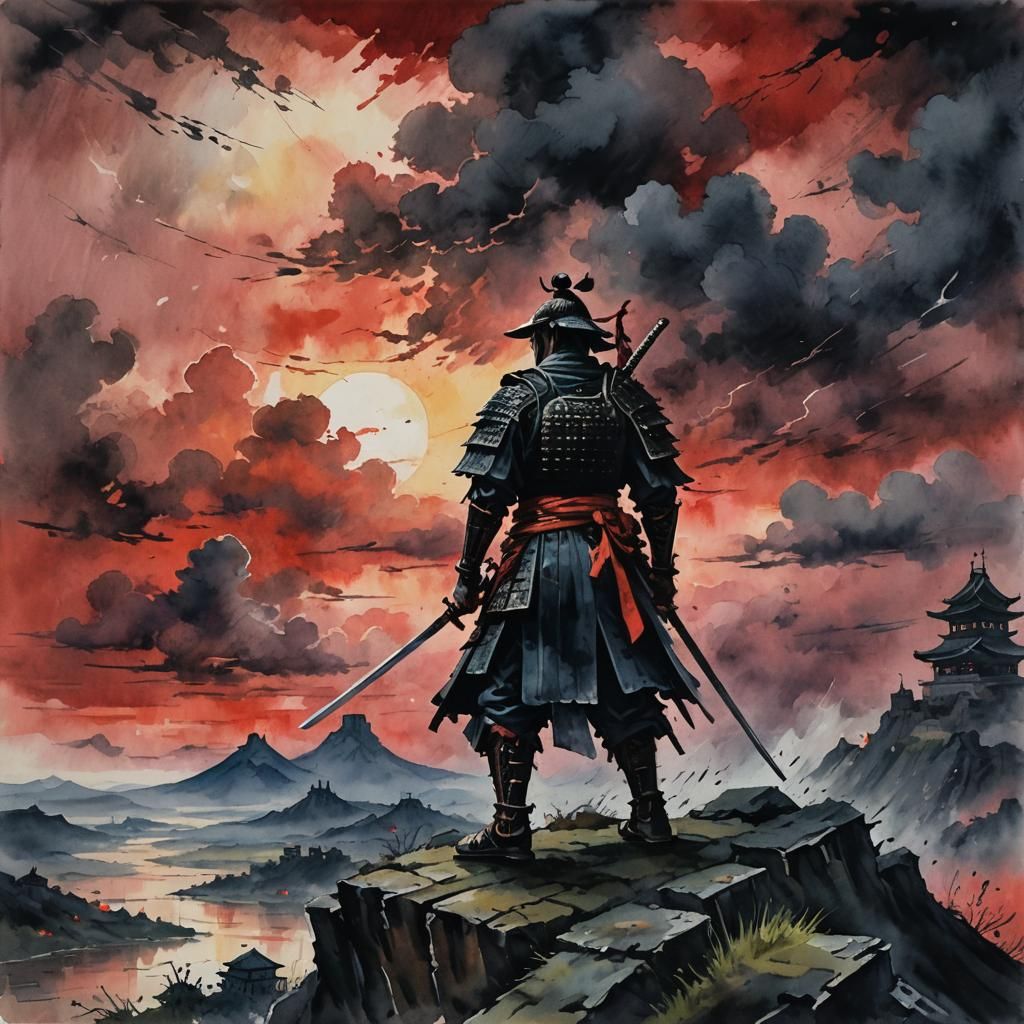 Samurai Silhouette Against Crimson Sky: Gouache Watercolor S...