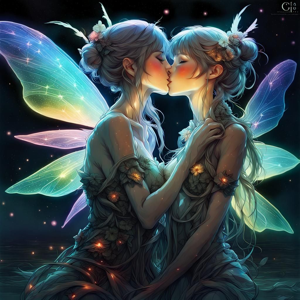 Lesbian Fairies Kissing as Constellations in Rainbow Light