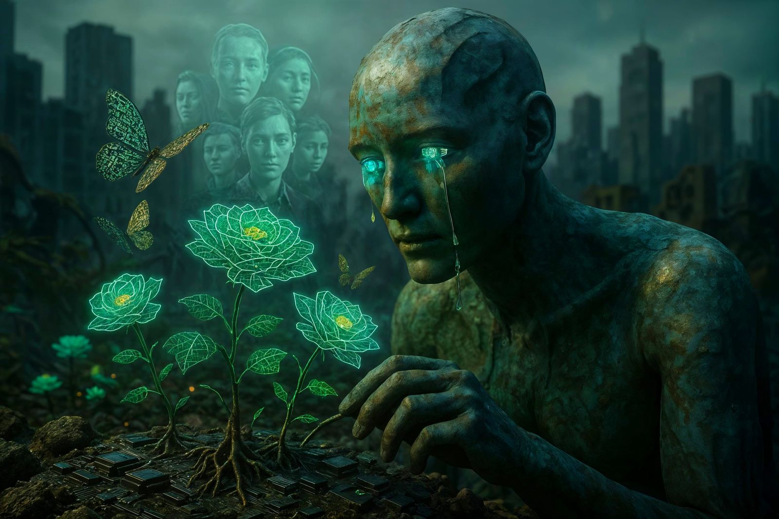 AI Entity Tending Digital Garden in Cyberpunk Style