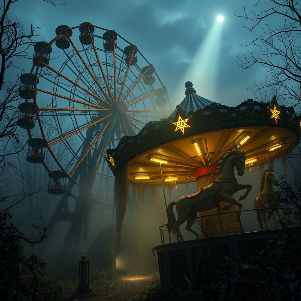 Supervillain's Twilight Hideout in Abandoned Amusement Park