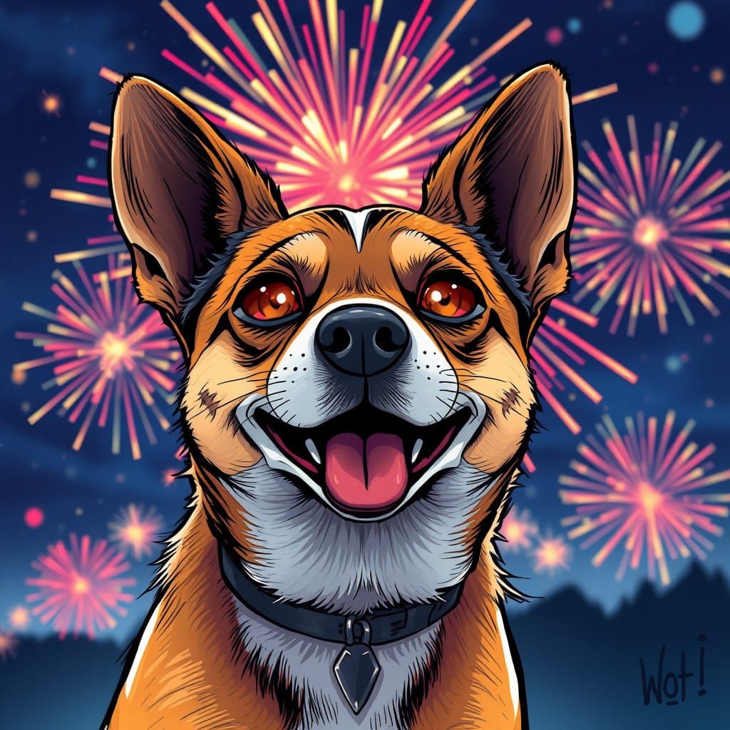 Joyful Puppy Gazing at Night Sky Fireworks